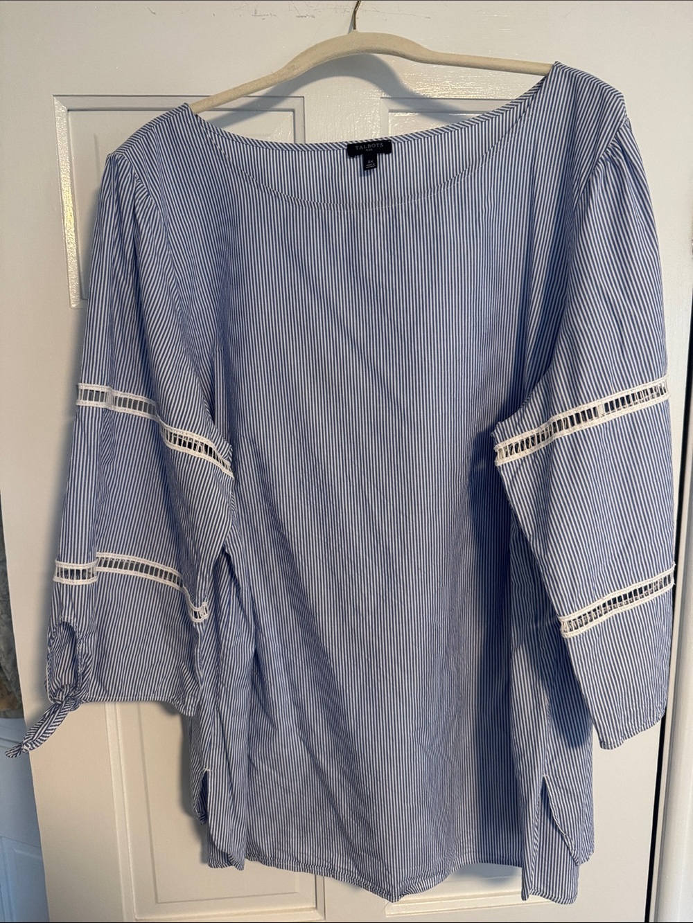 Talbots Blue and White Pinstripe Blouse with Lace Inset